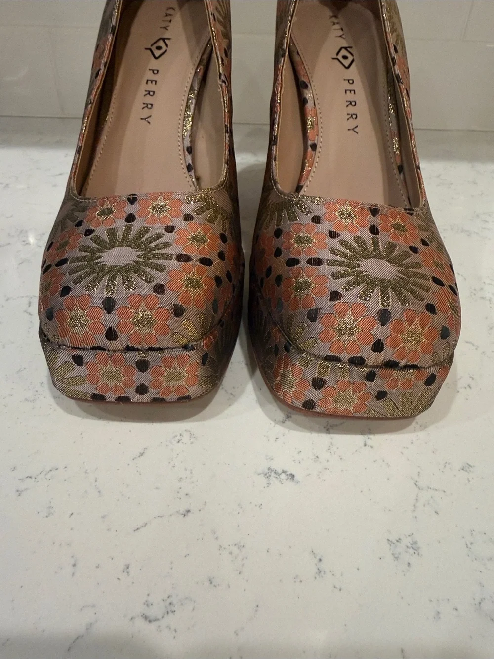 Katy Perry Collections Metallic Floral Platform Square Toe Pumps Gold Size 8.5